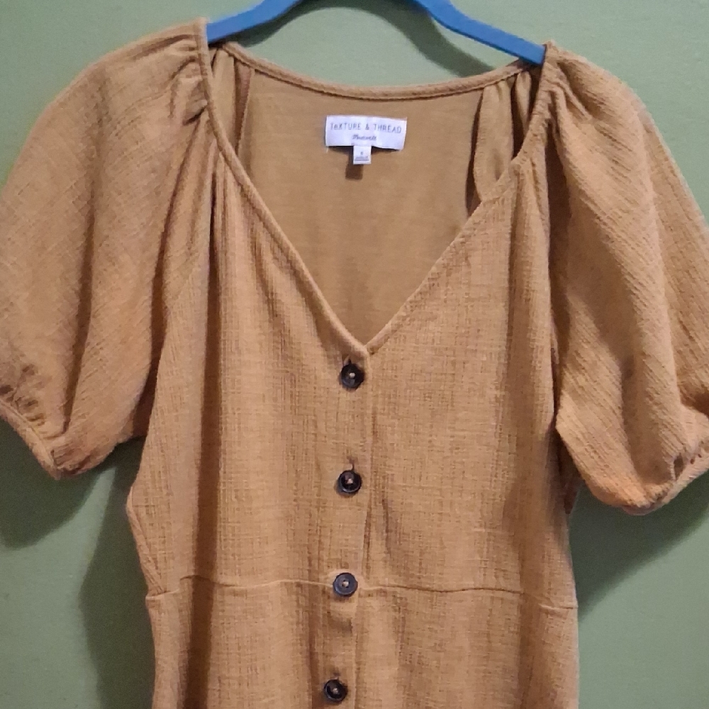 Earthy Tan Button-Up Dress with Puff Sleeves